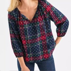 Style & Co. Navy and Red Plaid V-Neck 3/4 Sleeve Blouse   Brand new, never worn